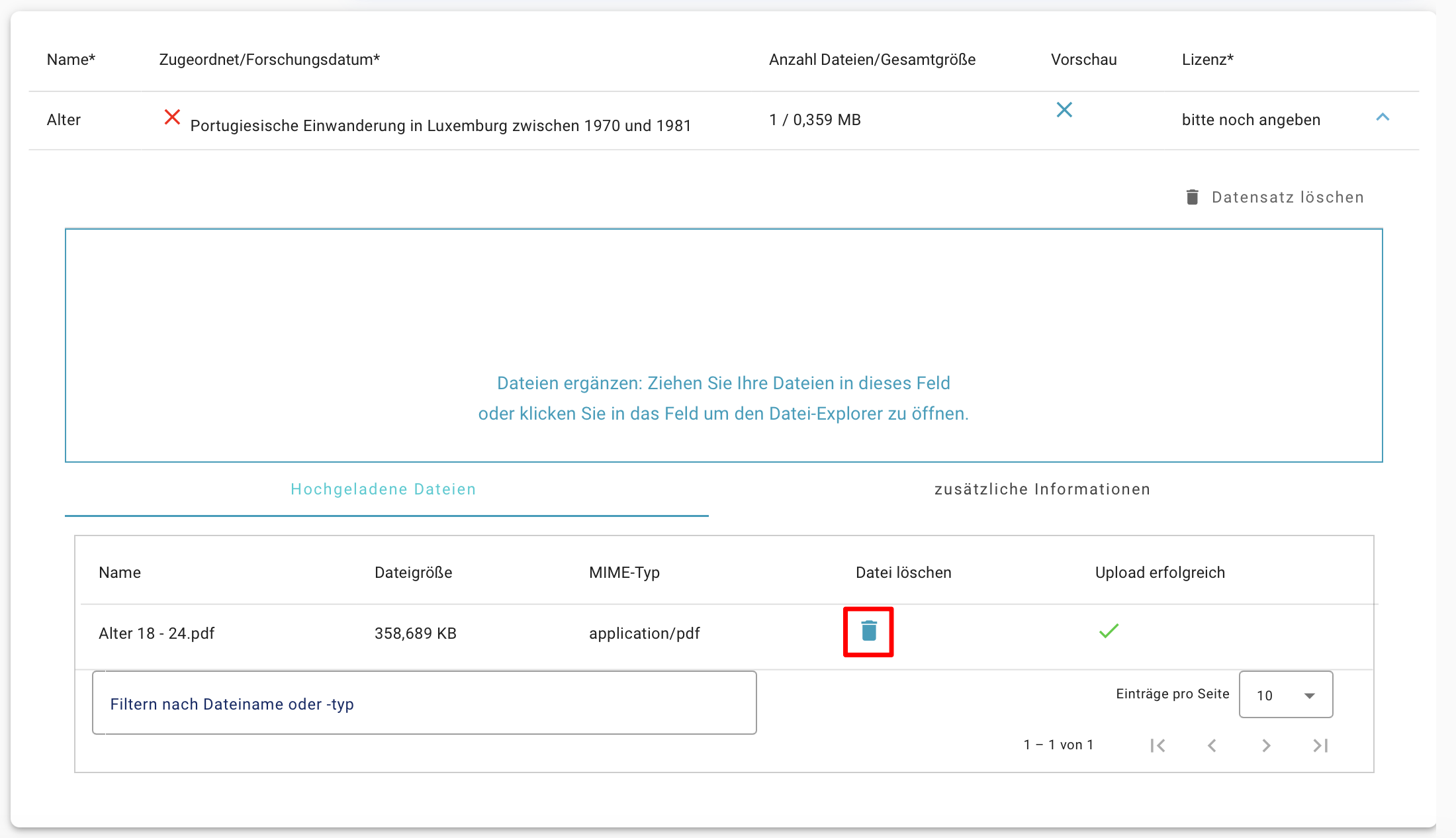 Button zur Dateienlöschung