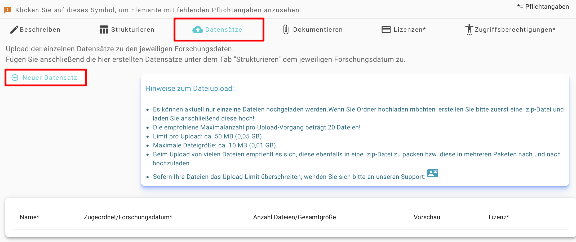 Bearbeitungsbutton zur Erstellung neuer Datensätze