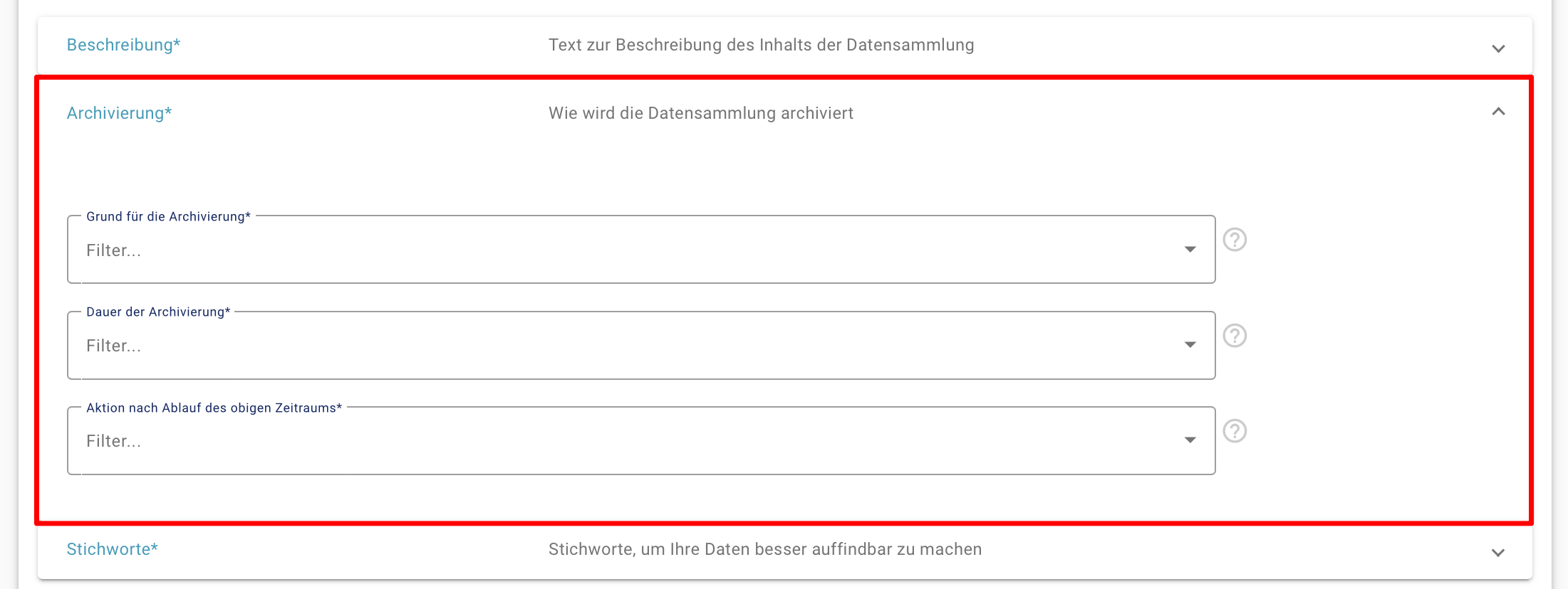 Bearbeitungsmaske zu den Archivierungsangaben