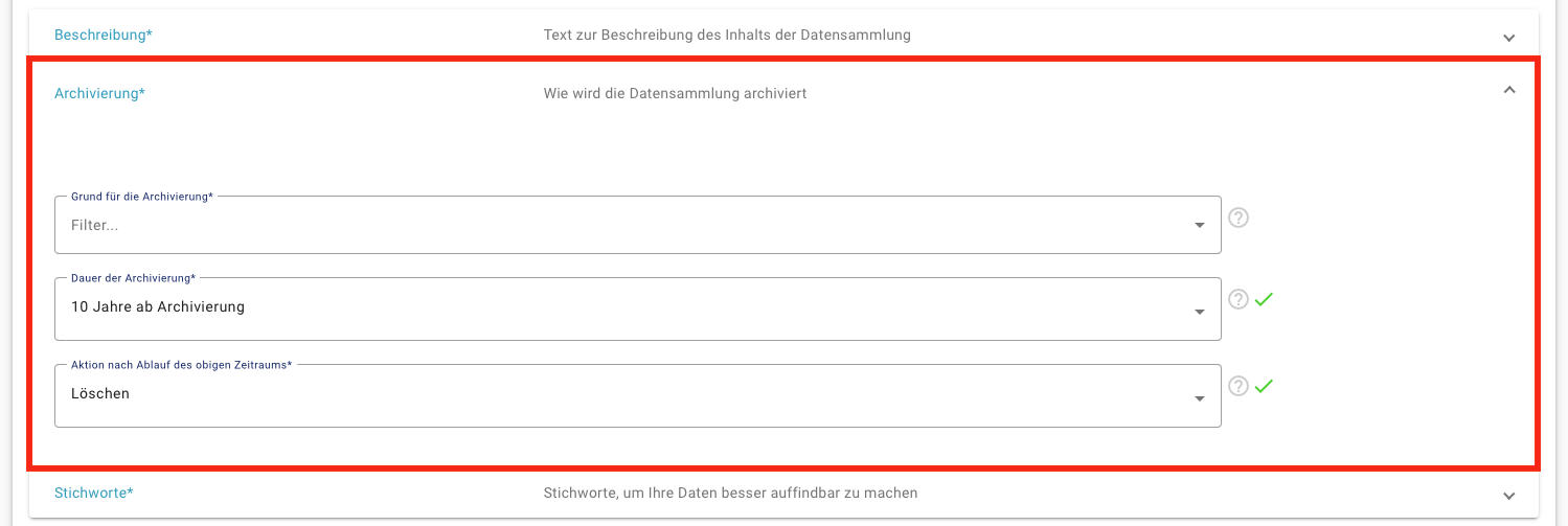 Bearbeitungsmaske zu den Archivierungsangaben - Option „Nur Archivieren"