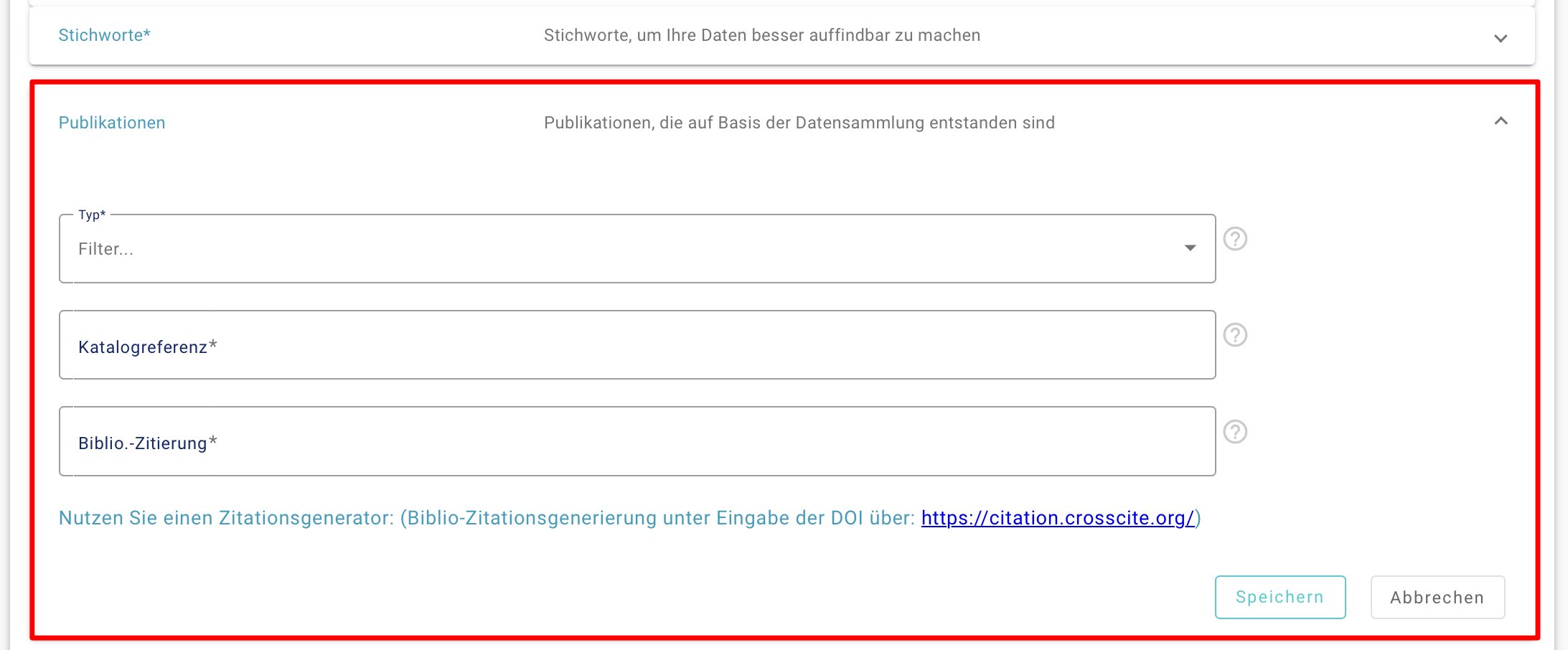 Bearbeitungsmaske für die Publikationen