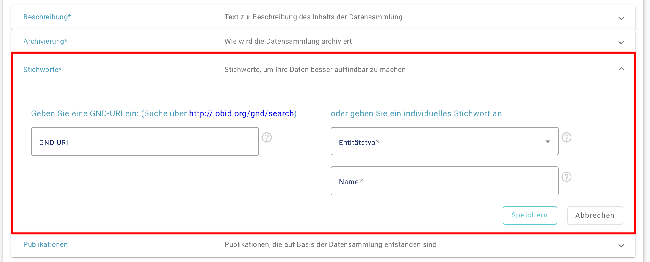 Bearbeitungsmaske für die Stichworte