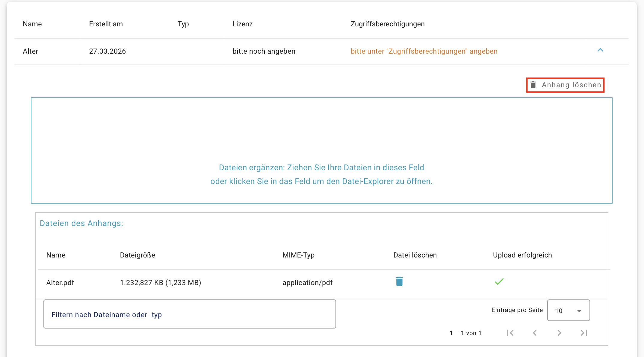 Button zur Löschung eines Anhangs