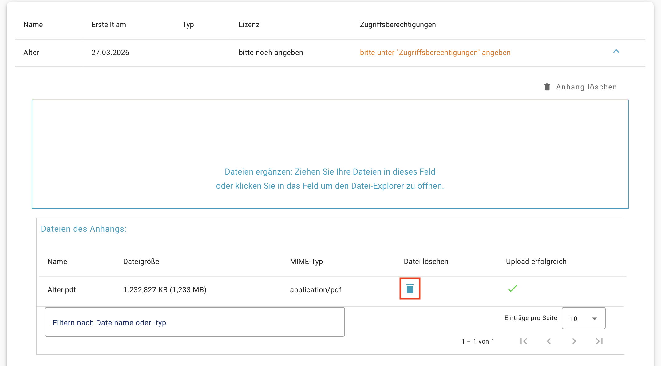 Button zur Dateienlöschung