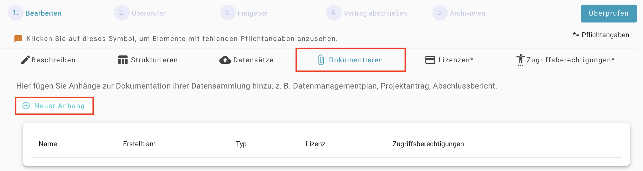 Button zur Anlage eines Anhangs