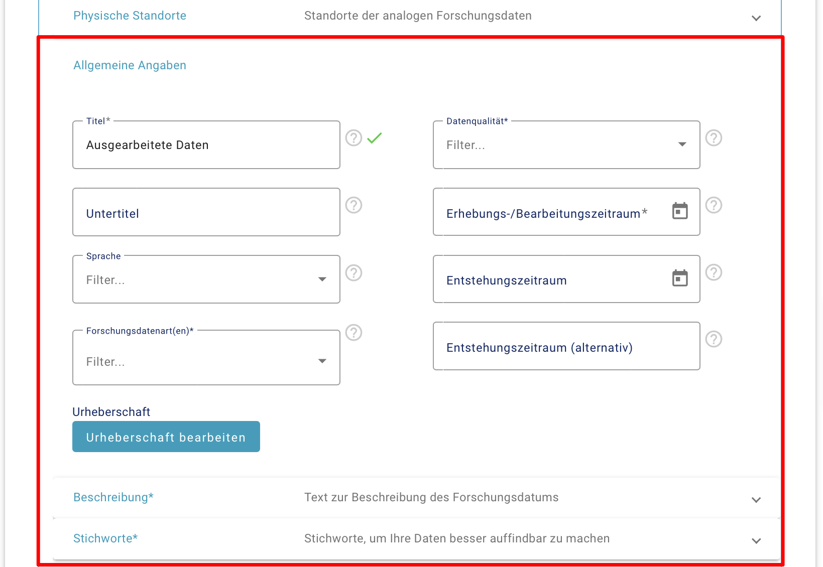 Bearbeitungsmaske der allgemeinen Angaben